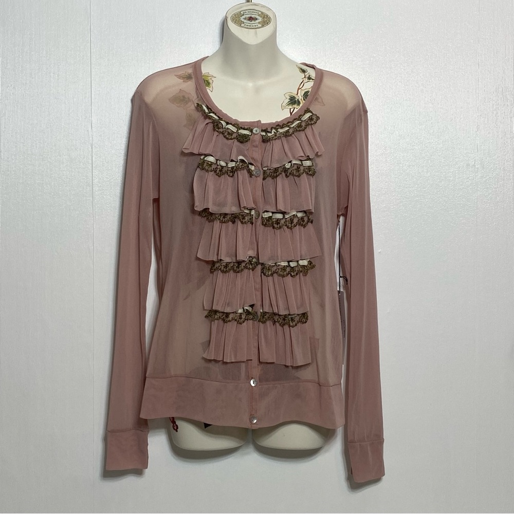 Size Large Petit Pois by Viviana G Rose Colored Sheer Ruffled Detailed Front Top